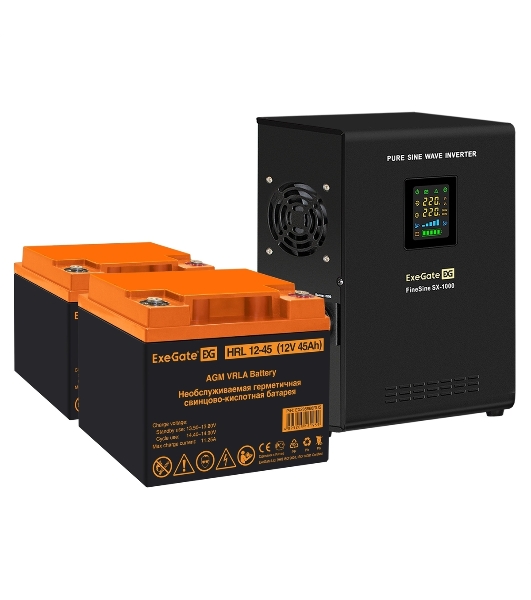 Комплект источника бесперебойного питания Exegate EX295997RUS + батарея 45Aч EX285666RUS 1шт (инвертор, синус, для котла, настенный) ExeGate FineSine SX-1000.LCD.AVR.2SH <1000VA/600W, чистая синусоида, цветной LCD-дисплей, AVR, 2*Schuko, линейно-интерактивный, крепление настенное/универсальное, черный> + батарея ExeGate HRL 12-45 (12В, 45Ач) 1шт