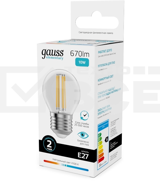 Лампа филам. Gauss Filament 10Вт цок.:E27 шар св.свеч.бел.нейт. (упак.:10шт) (52220)