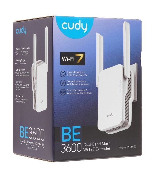 Маршрутизатор Cudy BE3600 WiFi 7 Mesh Repeater BE3600, AP mode, Chipset Broadcom, Cudy Mesh Support, 2880Mbps at 5GHz + 688Mbps at 2.4GHz, 802.11ax/ac/a/b/g/n, 1 Gigabit Ethernet Port, WPS button, Intelligent Signal Light, WPA3, LED control