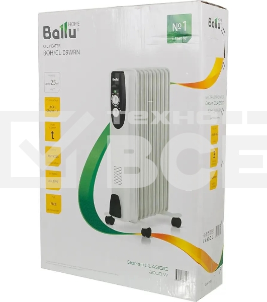 Обогреватель масляный Ballu Classic BOH/CL-09WRN (9 секций), белый, 2000 Вт, 25 м2, термостат