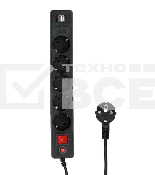 Сетевой фильтр Гарнизон 5р, 10А, 2xUSB, 1.8м, ур.защиты 4, черный, пакет