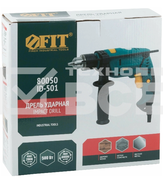 Дрель ударная FIT ID-501 500 Вт, 0-2900 об/мин, КлП 10 мм, 1,6 кг, рез. накл, коробка