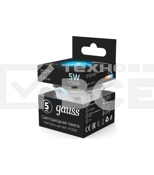 Лампа светодиодная диммируемая Gauss MR16 5Вт 4100К белый GU5.3 530лм 180-265В