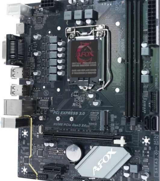Материнская плата AFOX IH410D4-MA-V2, LGA 1200, Intel H410, 2xDDR4, 3xSATA, 1xM.2, 1xPCIe 3.0 x16, 1xPCIe 3.0 x1, 1xVGA, 1xDVI, 1xHDMI, 1x1Gb LAN, 2xUSB-A 5Gbps, 4xUSB-A 2.0, 5.1, mATX