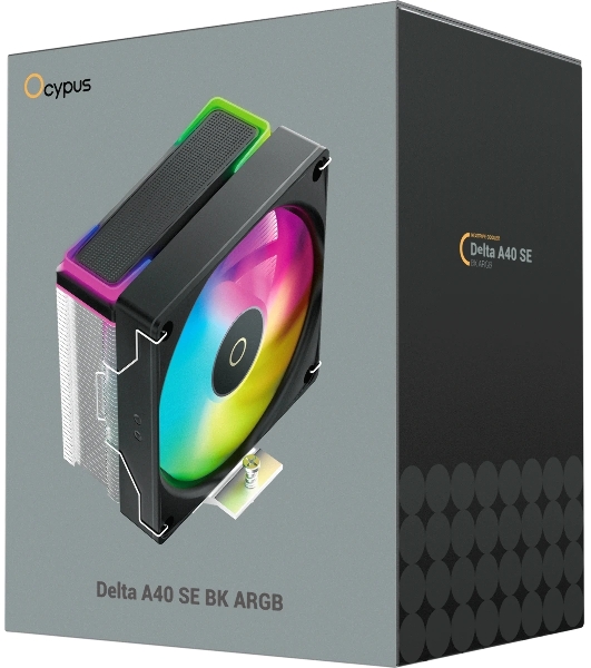 Кулер для процессора Ocypus Delta A40 SE BK ARGB, 120мм ARGB FAN, Top ARGB Panel, 4 HEAT PIPES, 4-PIN PWM, 800-1800 RPM, 31DBA, HYDRO BEARING, LGA115X/1200/1700/18XX, AM4/AM5