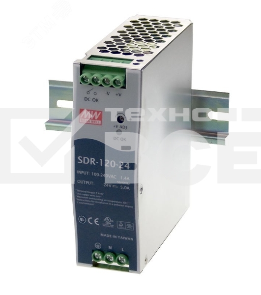 Блок питания AC-DC, 120Вт, вход 88-264V AC, 47-63Гц,124-370В DC, выход 24В,5A (пиковый 7,5А), рег. вых 24-28В, в кожухе на DIN-рейку