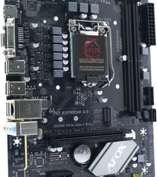 Материнская плата AFOX IH410D4-MA-V2, LGA 1200, Intel H410, 2xDDR4, 3xSATA, 1xM.2, 1xPCIe 3.0 x16, 1xPCIe 3.0 x1, 1xVGA, 1xDVI, 1xHDMI, 1x1Gb LAN, 2xUSB-A 5Gbps, 4xUSB-A 2.0, 5.1, mATX