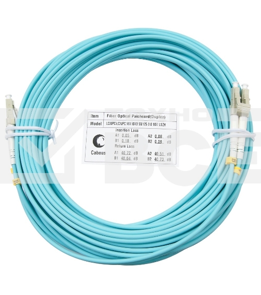 Шнур оптический Cabeus Tight Buffer, Duplex LC/LC, OM3 50/125, LSZH, 10м, Ø 3мм, серый хвостовик, цвет: аква