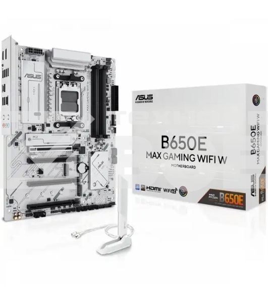 Материнская плата ASUS B650E MAX GAMING WIFI W, AM5, AMD B650, 4xDDR5, 4xSATA, 3xM.2, 1xPCIe 5.0 x16, 1xPCIe 4.0 x4, 2xPCIe 3.0 x1, 1xDP, 1xHDMI, 1x2.5Gb LAN, Wi-Fi 6E, Bluetooth 5.3, 1xUSB-C 10Gbps, 3xUSB-A 10Gbps, 2xUSB-A 5Gbps, 2xUSB-A 2.0, 3x3.5 мм, 7