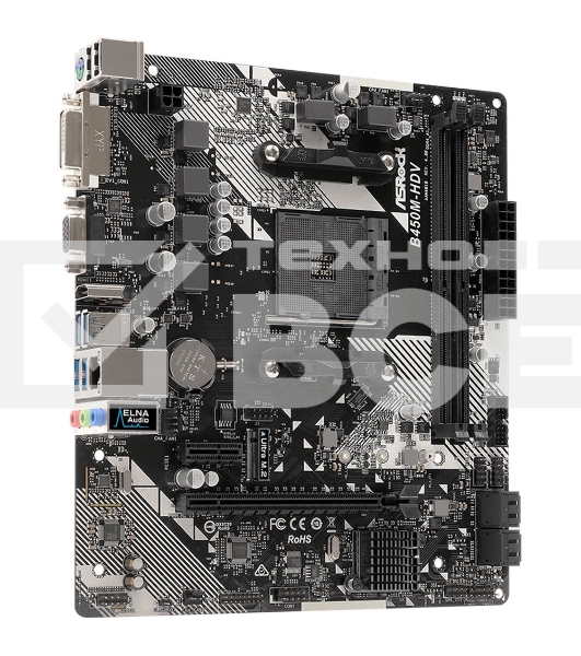 Материнская плата ASRock B450M-HDV R4.0, AM4, AMD B450, 2xDDR4, 4xSATA, 1xM.2, 1xPCIe 3.0 x16, 1xDVI-D, 1xHDMI, 1xVGA, 1x 1Gb LAN, 3x3.5 мм, 7.1, mATX