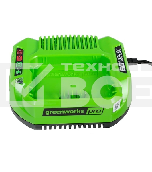 Зарядное устройство GreenWorks 60V (2932007)'Зарядное устройство Greenworks (модель) - используется для заряда аккумуляторных батарей Гринворкс 60 вольт на 2 А/ч,4 А/ч и 6 А/ч.Время зарядки данных аккумуляторов составляет: 2 А/ч = 60 минут; 4 А/ч = 120 минут.Зарядка оснащается системой автоматического отключения при достижении максимального заряда батареи для сохранения рабочих характеристик Li-Ion, а также специальным чипом, который защищает батарею от перегрева. Эти современные системы интеллектуального заряда обеспечивают сохранность дорогостоящего лития от преждевременной потери своих свойств и обеспечивают максимально возможный срок службы батареи. Для устойчивости зарядка имеет прорезиненные ножки. Для крепления на стену есть специальная проушина. На корпусе зарядки присутствую индикаторы заряда. Питание зарядного устройства осуществляется от сети 230 вольт переменного тока 50-60 Гц, 1,9 Ампер.Преимущества модели: Совместимость с аккумуляторами Greenworks 60V; Чип для защиты от перегрева