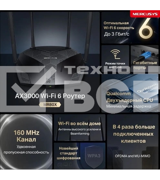 Двухдиапазонный роутер MERCUSYS MR80X AX3000 Wi-Fi 6, до 574 Мбит/с на 2,4 ГГц + до 2402 Мбит/с на 5 ГГц,4 фиксированные внешние антенны, 3 гигабитных порта LAN, 1 гигабитный порт WAN
