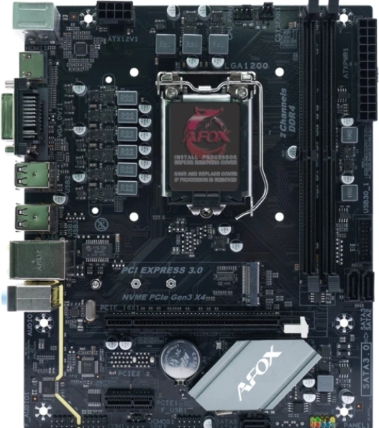 Материнская плата AFOX IH410D4-MA-V2, LGA 1200, Intel H410, 2xDDR4, 3xSATA, 1xM.2, 1xPCIe 3.0 x16, 1xPCIe 3.0 x1, 1xVGA, 1xDVI, 1xHDMI, 1x1Gb LAN, 2xUSB-A 5Gbps, 4xUSB-A 2.0, 5.1, mATX