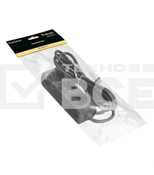 Удлинитель ExeGate ECE-3-5B (EX285807RUS), черный, 5 м, Евровилка с заземлением, 3 евророзетки с заземлением, 2200 Вт
