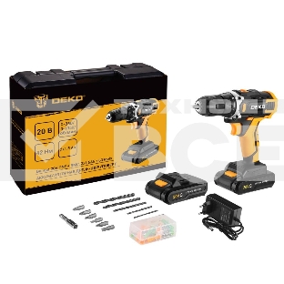 Дрель-шуруповерт аккумуляторная Deko Banger 20V ONE, 20В, 1 АКБ + в кейсе + набор 63 инструмента для дома