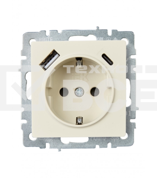 Розетка 1-местная IEK BRITE РЮш11-1-БрКр (BR-R14-16-U22-018-K10) с заземлением, с защитными шторками, 16А, с USB A+C 18 Вт, бежевый
