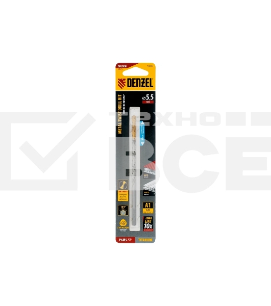 Сверло спиральное по металлу Denzel 5,5 х 139 мм, Р6М5, Golden Tip, удлиненное