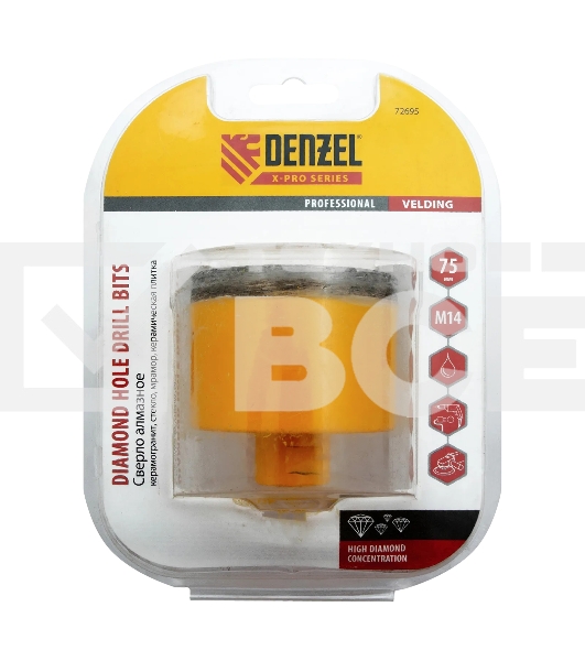 Сверло алмазное по керамограниту Denzel 75мм мокрое резание, М14 72695