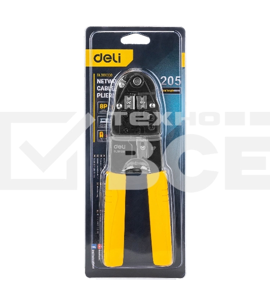 Обжимные клещи Deli DL381008 RJ45 Размер: 205мм. Спецификация обжима: 8P. Холоднокатаный стальной лист с черной отделкой, ручка из ПВХ. Лезвие SK5. Инструмент для зачистки проводов, кусачки и обжимной инструмент 3-в-1.