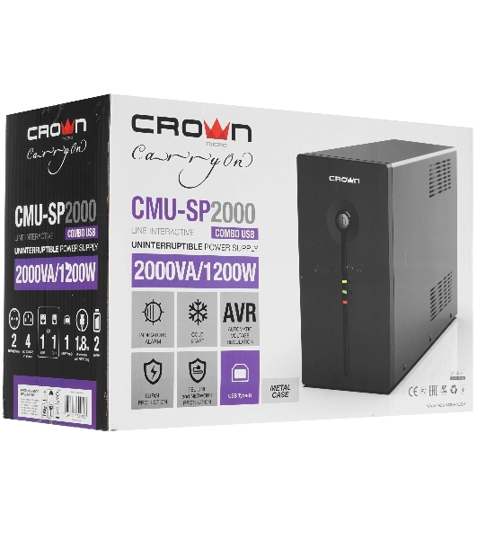 Источник бесперебойного питания Crown CMU-SP2000COMBO USB/2000 ВА/1200 Вт/9 x IEC 320 C13 (компьютерная)