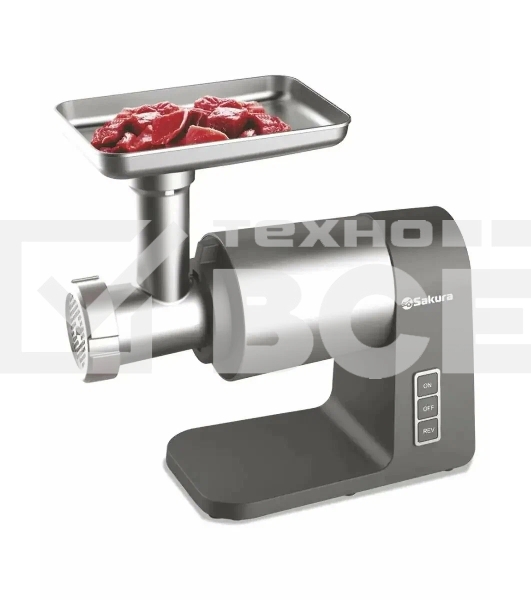 Мясорубка электрическая Sakura SA-6425G Premium серый, 2400 Вт, 2.5 кг/мин, реверс, защита от перегрузки, металлический лоток, насадки - 5