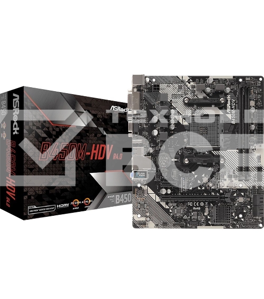 Материнская плата ASRock B450M-HDV R4.0, AM4, AMD B450, 2xDDR4, 4xSATA, 1xM.2, 1xPCIe 3.0 x16, 1xDVI-D, 1xHDMI, 1xVGA, 1x 1Gb LAN, 3x3.5 мм, 7.1, mATX