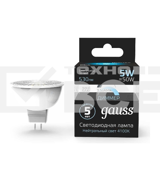 Лампа светодиодная диммируемая Gauss MR16 5Вт 4100К белый GU5.3 530лм 180-265В