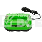 Зарядное устройство GreenWorks 60V (2932007)'Зарядное устройство Greenworks (модель) - используется для заряда аккумуляторных батарей Гринворкс 60 вольт на 2 А/ч,4 А/ч и 6 А/ч.Время зарядки данных аккумуляторов составляет: 2 А/ч = 60 минут; 4 А/ч = 120 минут.Зарядка оснащается системой автоматического отключения при достижении максимального заряда батареи для сохранения рабочих характеристик Li-Ion, а также специальным чипом, который защищает батарею от перегрева. Эти современные системы интеллектуального заряда обеспечивают сохранность дорогостоящего лития от преждевременной потери своих свойств и обеспечивают максимально возможный срок службы батареи. Для устойчивости зарядка имеет прорезиненные ножки. Для крепления на стену есть специальная проушина. На корпусе зарядки присутствую индикаторы заряда. Питание зарядного устройства осуществляется от сети 230 вольт переменного тока 50-60 Гц, 1,9 Ампер.Преимущества модели: Совместимость с аккумуляторами Greenworks 60V; Чип для защиты от перегрева, фото4