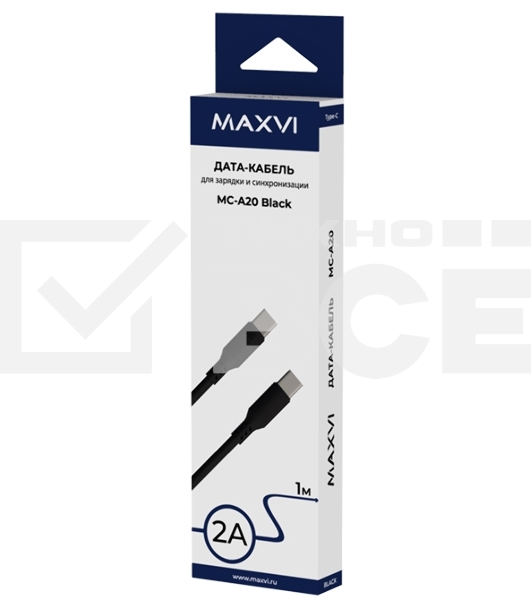 Кабель Maxvi MC-A20 black Type-C - Type-C, 2A ток макс. нагрузки 2А, макс. напряжение 5V, длина кабеля 1м, материал PVC, черный