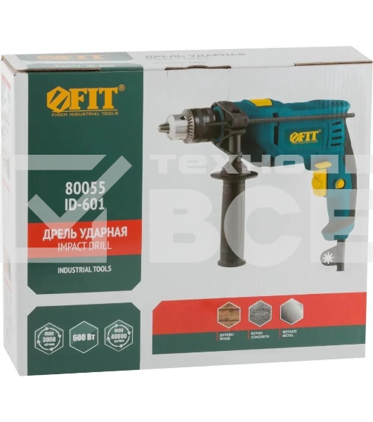 Дрель ударная FIT ID-601 600 Вт, 0-3000 об/мин, КлП 13 мм, 1,65 кг, рез. накл., коробка