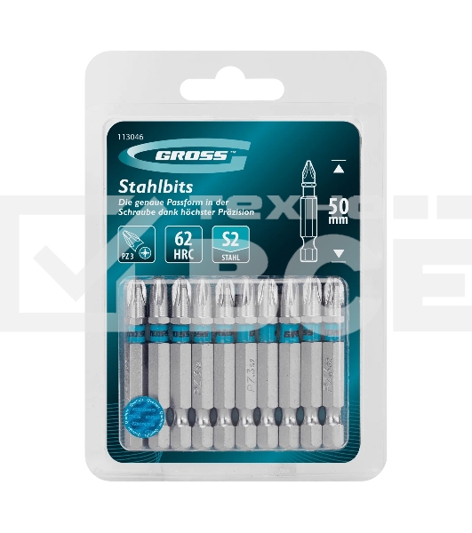 Бита PZ3х50 мм, сталь S2, шестигр., 10 шт. Gross