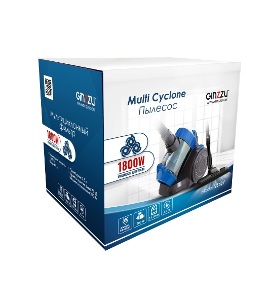 Пылесос Ginzzu VS427 черный/синий, 340/1800 Вт, уборка сухая, пылесборник контейнер 2,5 л