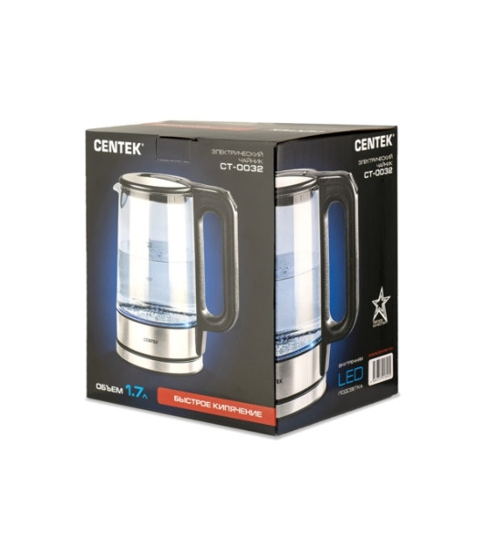 Электрочайник Centek CT-0032 прозрачный, 1.7 л, 2200 Вт, скрытый нагревательный элемент