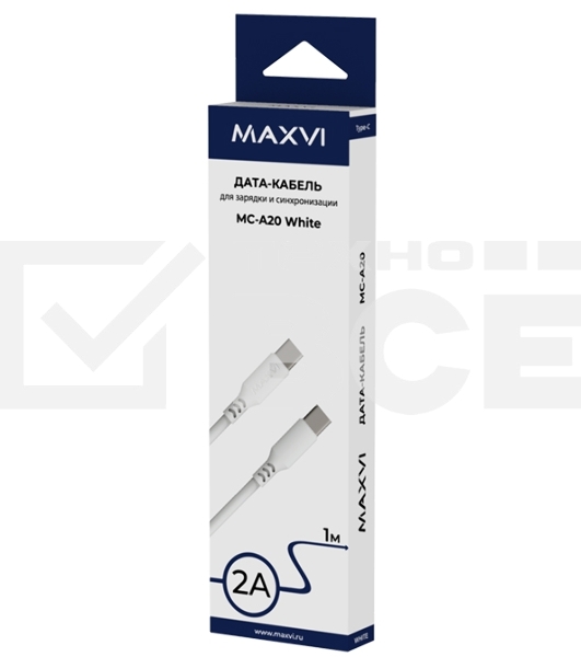 Кабель Maxvi MC-A20 white Type-C - Type-C, 2A ток макс. нагрузки 2А, макс. напряжение 5V, длина кабеля 1м, материал PVC, белый