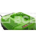 Зарядное устройство GreenWorks 60V (2932007)'Зарядное устройство Greenworks (модель) - используется для заряда аккумуляторных батарей Гринворкс 60 вольт на 2 А/ч,4 А/ч и 6 А/ч.Время зарядки данных аккумуляторов составляет: 2 А/ч = 60 минут; 4 А/ч = 120 минут.Зарядка оснащается системой автоматического отключения при достижении максимального заряда батареи для сохранения рабочих характеристик Li-Ion, а также специальным чипом, который защищает батарею от перегрева. Эти современные системы интеллектуального заряда обеспечивают сохранность дорогостоящего лития от преждевременной потери своих свойств и обеспечивают максимально возможный срок службы батареи. Для устойчивости зарядка имеет прорезиненные ножки. Для крепления на стену есть специальная проушина. На корпусе зарядки присутствую индикаторы заряда. Питание зарядного устройства осуществляется от сети 230 вольт переменного тока 50-60 Гц, 1,9 Ампер.Преимущества модели: Совместимость с аккумуляторами Greenworks 60V; Чип для защиты от перегрева, фото6