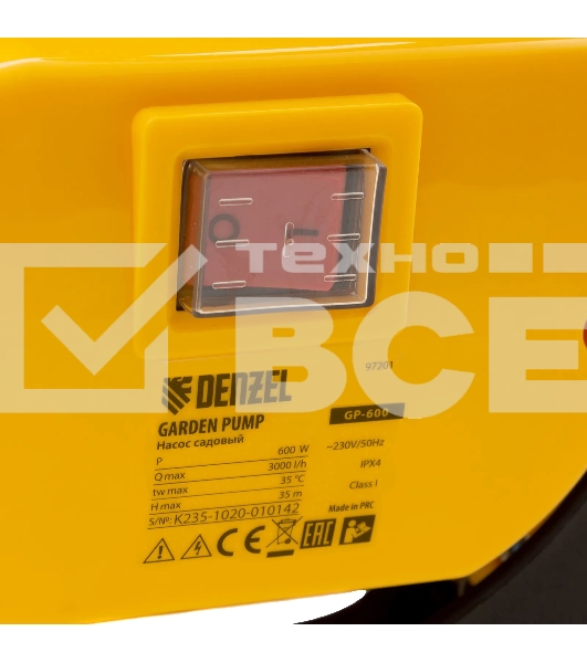 Насос Denzel GP600 садовый поверхностный 600Вт 3000л/ч подъем 35м