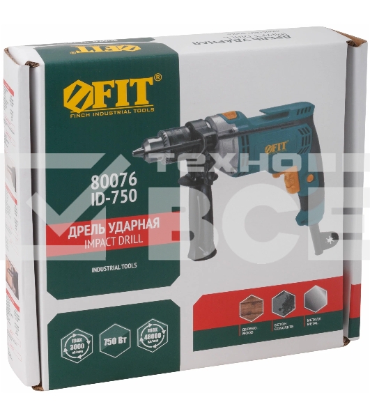 Дрель ударная FIT ID-750 750 Вт, 0-3000 об/мин, КлП 13 мм, 2,4 кг, мет. корп., рез. накл., коробка
