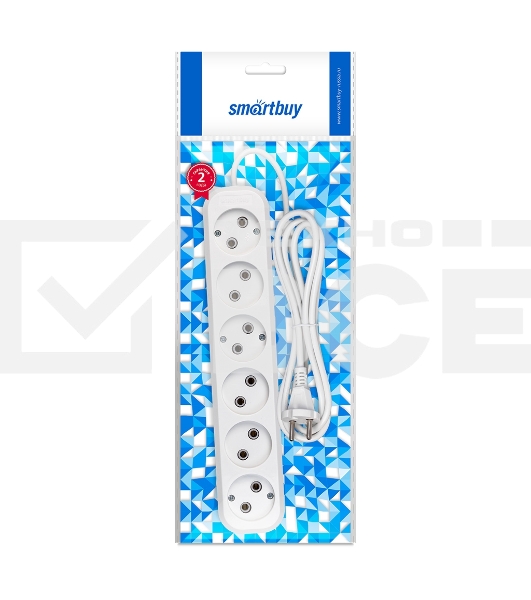 Удлинитель Smartbuy, 6 гнезд 2 метра 10А/2,2 кВт без заземления ПВС 2х1,0 (SBE-10-6-02-N)