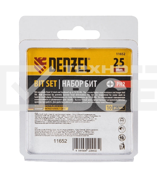 Набор бит Denzel PH2х25, сталь S2, шестигранный профиль, 10 шт.