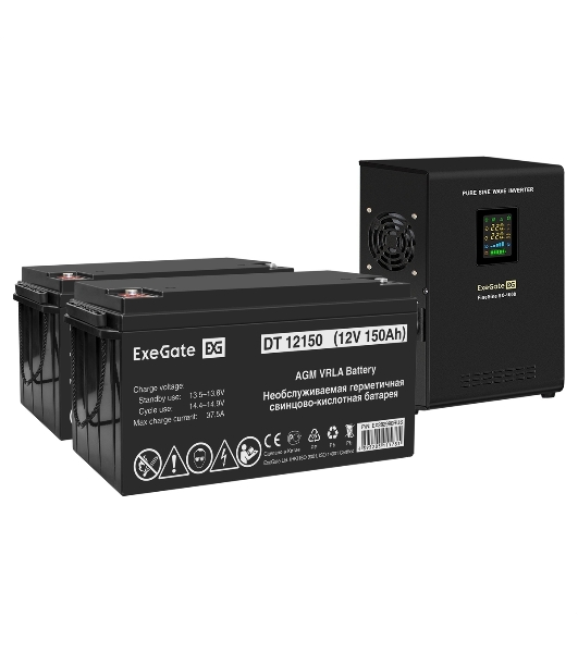 Комплект источника бесперебойного питания Exegate EX295997RUS + батарея 150Aч EX282990RUS 1шт (инвертор, синус, для котла, настенный) ExeGate FineSine SX-1000.LCD.AVR.2SH <1000VA/600W, чистая синусоида, цветной LCD-дисплей, AVR, 2*Schuko, линейно-интерактивный, крепление настенное/универсальное, Black> + батарея ExeGate DT 12150 (12В, 150Ач) 1шт