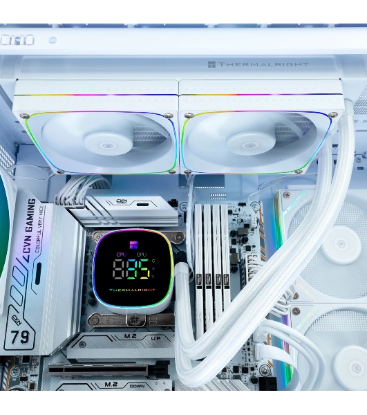 Система жидкостного охлаждения Thermalright Frozen Horizon 240 Digital (240мм, LED temp., White, ARGB/Fans: 2x120мм, 68.9CFM, 28.2dBA, 2000RPM/Pump height 53.2мм, Rad thickness 27мм/S: 1700, 1200, 1851, 115X, AM5, AM4)