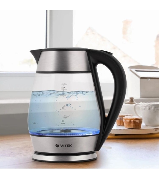 Чайник Vitek VT-7037(TR) Мощность 2200 Вт Макс. объем 1,7 л Корпус из термостойкого стекла.