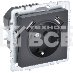 Розетка 1-местная IEK BRITE РЮш10-1-БрГ с заземлением, с защитными шторками, 16А, с USB A+A 5В 2,1А, графит, фото 1