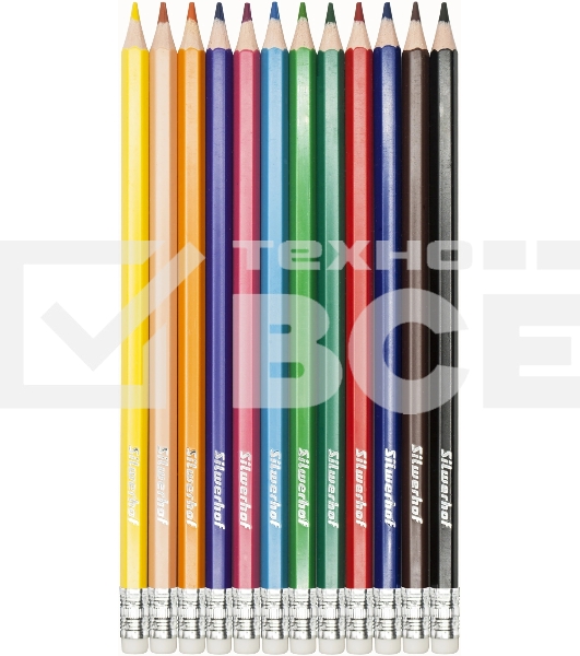 Карандаши цветные Silwerhof Create 3мм, шестигранный профиль, пластик, ассорти, 12 цветов, коробка с европодвесом ластик