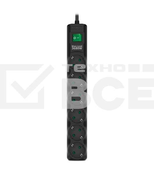 Сетевой фильтр Sven SF-06E-16 3,0 м (6 розеток с защитными шторками,16А) черный, цветная коробка