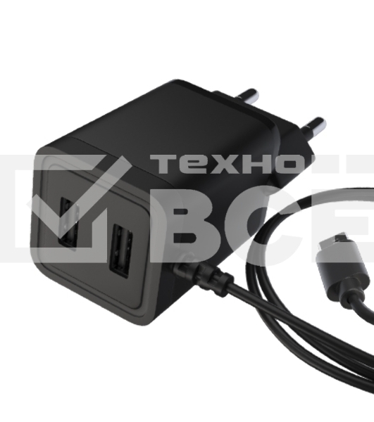 Сетевое зарядное устройство Maxvi A302M 2хUSB 3А 15W + литой кабель MicroUSB 1.2м, черный