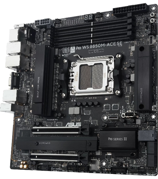 Материнская плата ASUS PRO WS B850M-ACE SE, AM5, AMD B850, 4xDDR5, 4xSATA, 2xM.2, 1xPCIe 5.0 x16, 1xPCIe 4.0 x16, 1xVGA, 1xHDMI, 1xDP, 1x2.5Gb LAN, 1x10Gb LAN, 2xUSB-C 10Gbps, 3xUSB-A 10Gbps, 2xUSB-A 2.0, 7.1, mATX