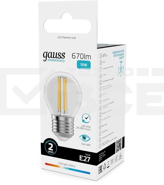 Лампа филам. Gauss Filament 10Вт цок.:E27 шар св.свеч.бел.нейт. (упак.:10шт) (52220)