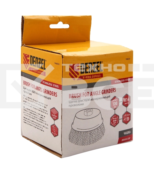 Щетка для УШМ Denzel 100 мм, М14, чашка, витая нержавеющая проволока 0,3 мм