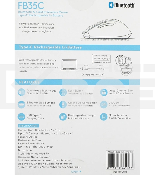 Мышь беспроводная A4Tech Fstyler FB35C серый/черный, 2000 dpi, радиоканал, Bluetooth, USB, кнопки - 6